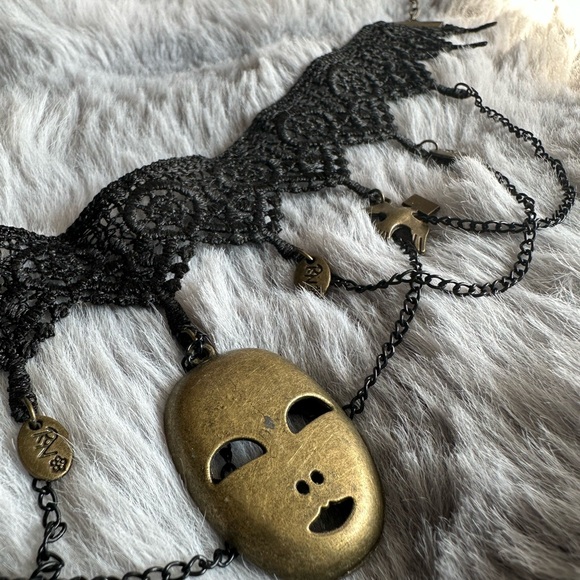 Black Lace Choker with Gold Mask Pendant - Picture 5 of 5